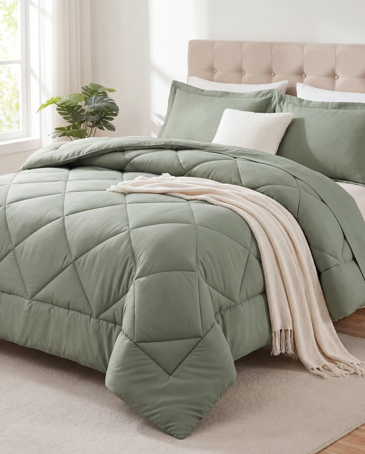 Couette 2-en-1 vert sauge avec ses 2 taies